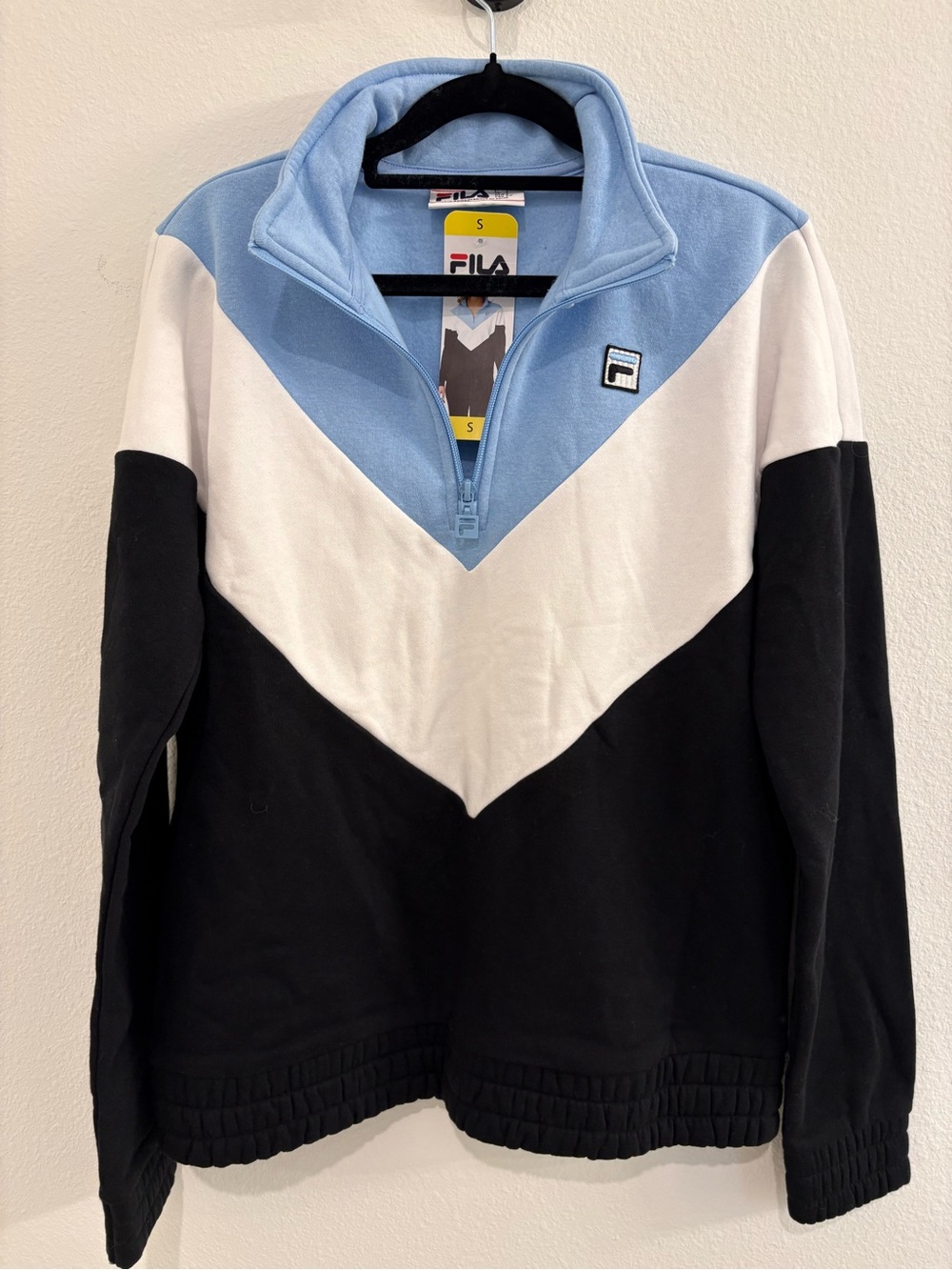 FILA Women's Colorblock Quarter-Zip Pullover Sweater - Light Blue/White/Black